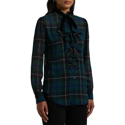 Lauren Ralph Lauren Ruffle Trim Georgette Shirt In Blue/black/green