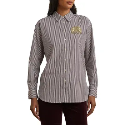 Lauren Ralph Lauren Stripe Lion Crest Cotton Button-up Shirt In Pinot Noir/white