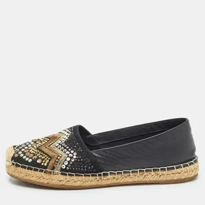 Pre-owned Le Silla Black Leather And Embellished Suede Espadrille Flats Size 37