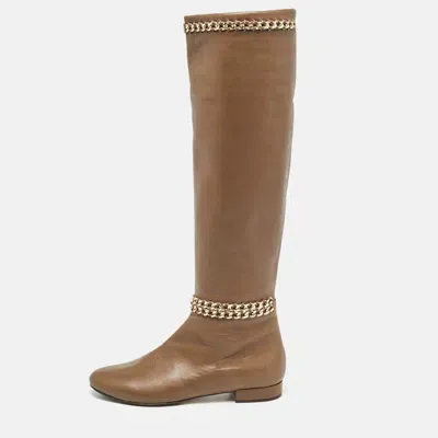 Pre-owned Le Silla Brown Leather Chain Details Knee Length Boots Size 37