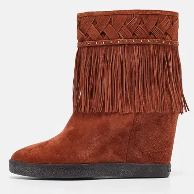 Pre-owned Le Silla Brown Suede Fringe Ankle Boots Size 38.5