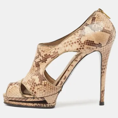 Pre-owned Le Silla Two Tone Snakeskin Cut Out Open Toe Pumps Size 40 In Brown