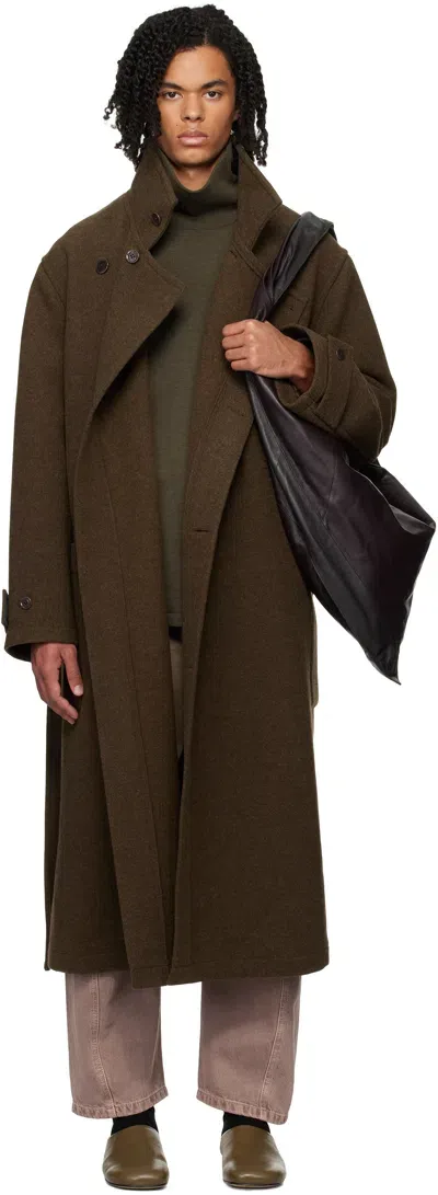 Lemaire Brown Wrap Coat In Mu194 Brown Chine