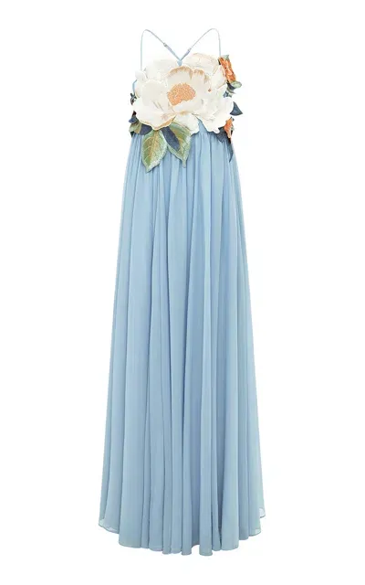 Leo Lin Agnes Floral-appliquéd Georgette Maxi Dress In Light Blue