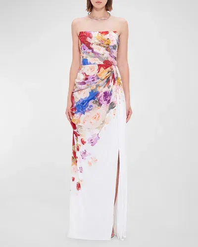 Leo Lin Anastasia Pleated Floral-print Bustier Gown In Fleur Print