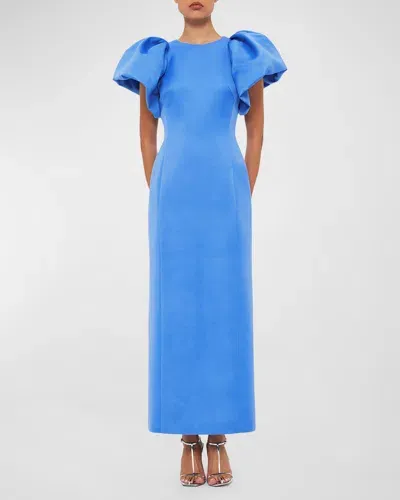 Leo Lin Lucinda Puff-sleeve Column Maxi Dress In Steel Blue