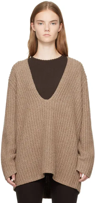 Leset Beige Emma Deep V Sweater In Oatmeal