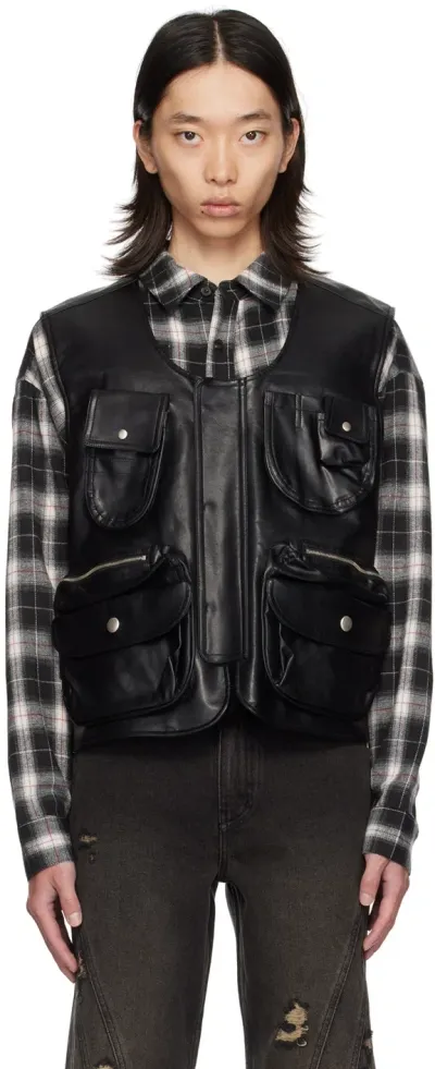 Lesugiatelier Black Utility Pocket Faux-leather Vest