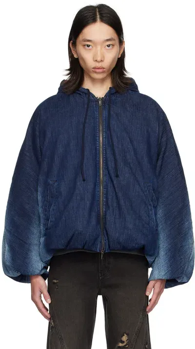 Lesugiatelier Navy Hooded Denim Puffer Jacket In Dark Blue