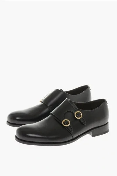 Lidfort Leather Double Buckle Monk Strap Shoes In Black