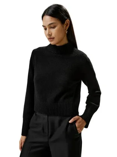 Lilysilk Ribbed Collar And Hemline Wool Cashmere Sweater In Black