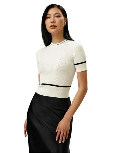 Lilysilk Ribbed Knit Silk Crop Top In White With Black Stripes