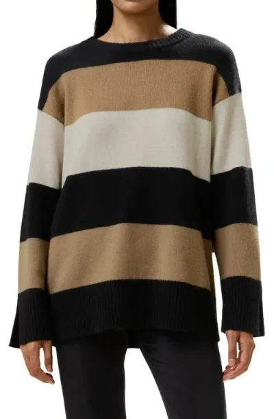 Lilysilk Tri-colored Stripe Cashmere Sweater In Black&camel&beige