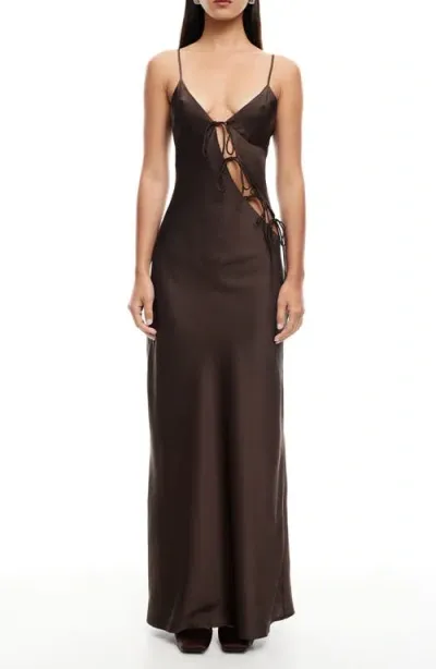 Lioness About A Girl Cutotut Tie Detail Satin Slipdress In Chocolate