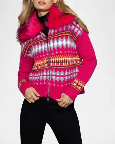 Lisa Todd Powder Puff Faux Fur Collar Fair Isle Sweater In Bright Pink