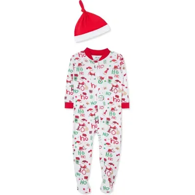 Little Me Kids'  Ho Ho Ho Holiday Footie & Santa Hat Set In White Multi