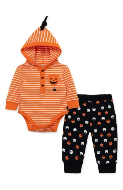 Little Me Kids'  Pumpkin Stripe Hooded Bodysuit & Joggers Set In Orange