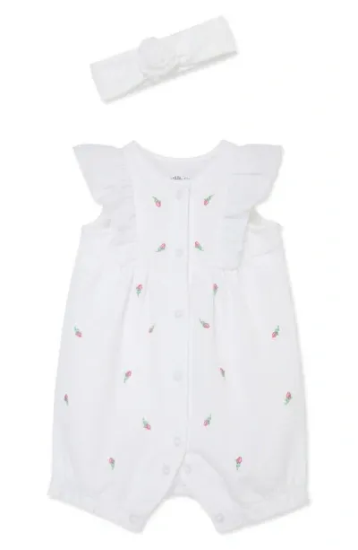 Little Me Babies'  Rosebud Embroidered Cotton Romper & Headband Set In White