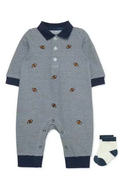 Little Me Babies'  Stripe Embroidered Football Romper & Socks Set In Blue