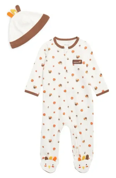 Little Me Kids'  Turkey Cotton Footie & Hat Set In Ivory Print