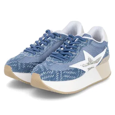 Pre-owned Liu •jo Liu Jo Damen Low Sneaker Dreamy 03 Blau Glitzernd Wechselfussbett Plateau