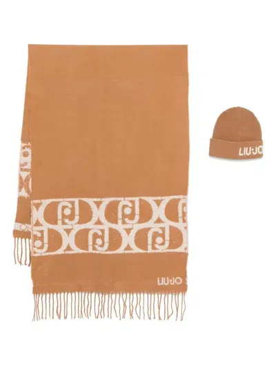 Liu •jo Logo-intarsia Scarf & Beanie Set In Brown