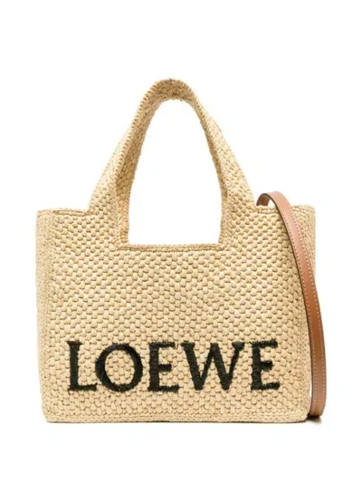 Loewe Logo-embroidered Raffia Tote Bag In Beige