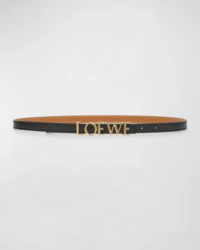 Loewe Bold Logo Leather Skinny Belt In Black Gold