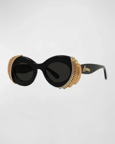 Loewe Embellished Acetate & Metal Oval Sunglasses In Sblk/smk