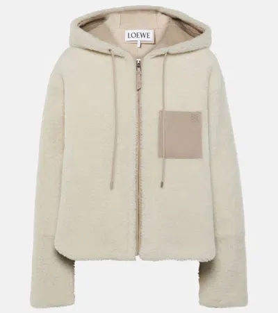 Loewe Hooded Shearling Jacket In Light Grey/white