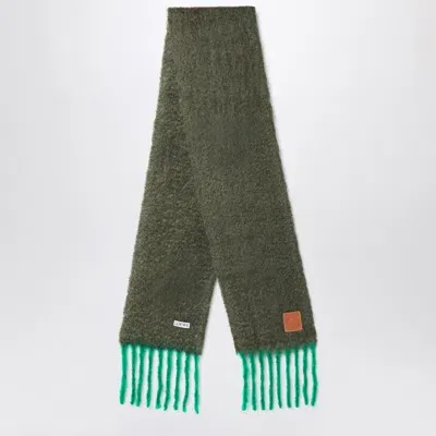 Loewe Fringed Leather-trimmed Two-tone Mohair-blend Scarf In Green