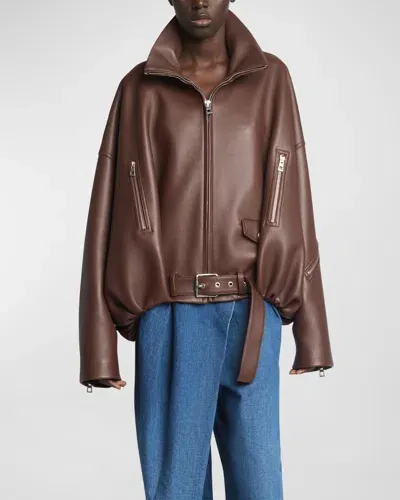 Loewe Leather Balloon Jacket With Zipper Detail In Brown