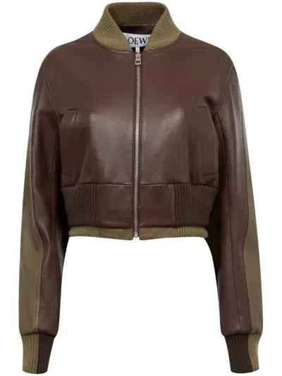 Loewe Cropped Layered Two-tone Leather Bomber Jacket In Dark Choco