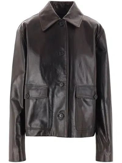 Loewe Glossed-leather Jacket In Braun