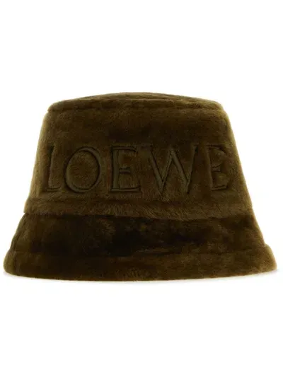 Loewe Logo-embroidered Shearling Bucket Hat In Green