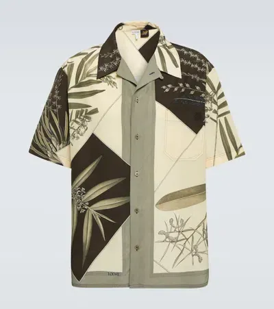 Loewe Short Sleeve Shirt With Plant-print In Cotton And Silk In Anthracite Multicolor