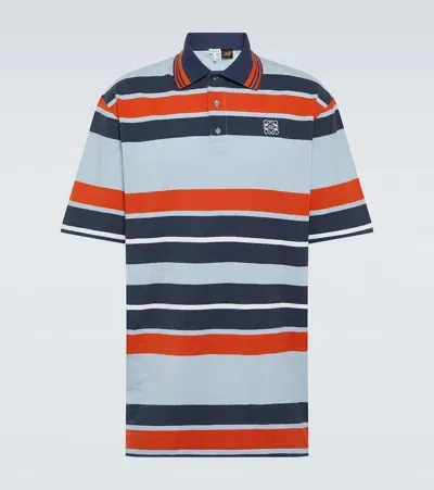 Loewe Paula's Ibiza Striped Cotton And Linen-blend Piqué Polo Shirt In Sienna Natural Navy