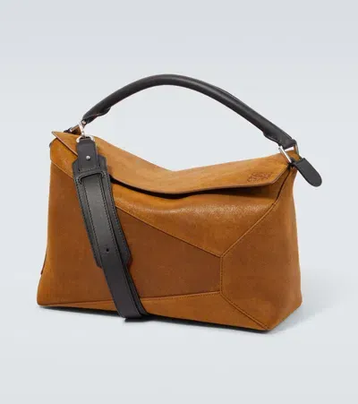 Loewe Puzzle Edge Large Suede Shoulder Bag In Brown