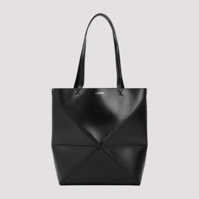 Loewe Puzzle Fold Medium Leather Tote Bag In Black