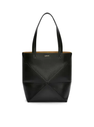 Loewe Puzzle Fold Tote Bag In Shiny Calfskin In Black