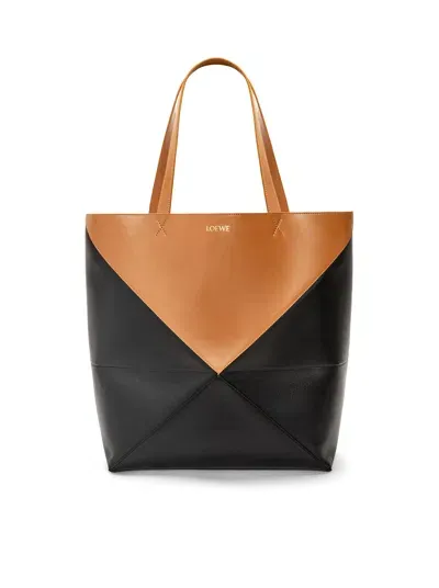 Loewe Puzzle Fold Tote Xl Bag In Shiny Calfskin In Black