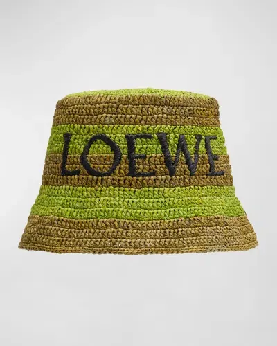 Loewe + Paula's Ibiza Logo-embroidered Striped Raffia Bucket Hat In Green