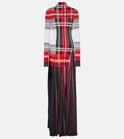 Loewe Blur Check Turtleneck Godet Maxi Dress In Red Whi Bl