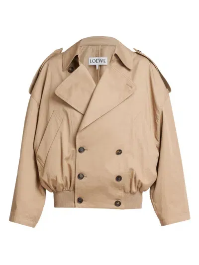 Loewe Cropped Double-breasted Cotton-gabardine Jacket In Kraft Beige