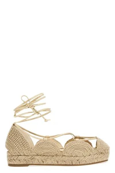 Loewe + Paula's Ibiza Solar Leather-trimmed Woven Jute Espadrille Sandals In Cream