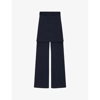 Loewe Womens Navy Blue Layered-skirt Flared-leg Mid-rise Wool Trousers