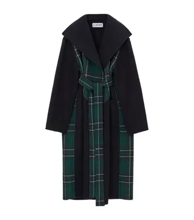 Loewe Wool-blend Tartan Belted Coat In Midnight Blue/green