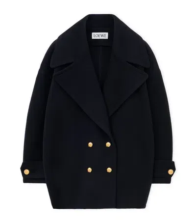 Loewe Wool Pebble Pea Coat In Blue