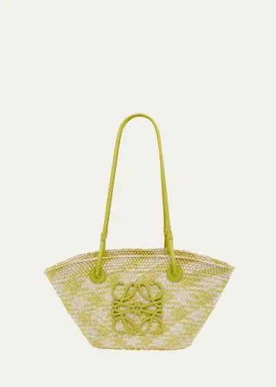 Loewe X Paula's Ibiza Anagram Basket Shoulder Bag In Checkered Iraca Palm With Leather Handles In Natural Lime Green