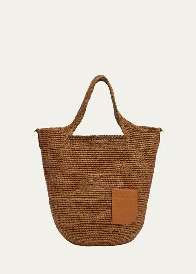 Loewe X Paula's Ibiza Slit Mini Tote Bag In Raffia With Leather Anagram In Honey Gold